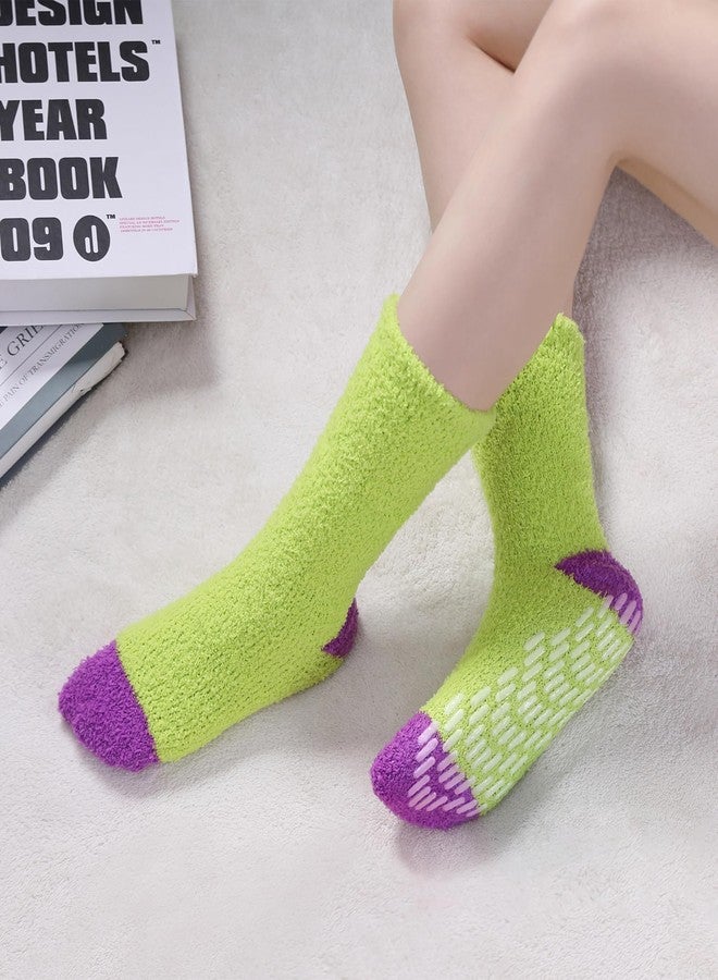 LINEMIN Non Slip Hospital Socks with Grips for Women Cozy Winter Soft Fluffy Grip Slipper Socks (5 Pairs Mix Green) - Image 3